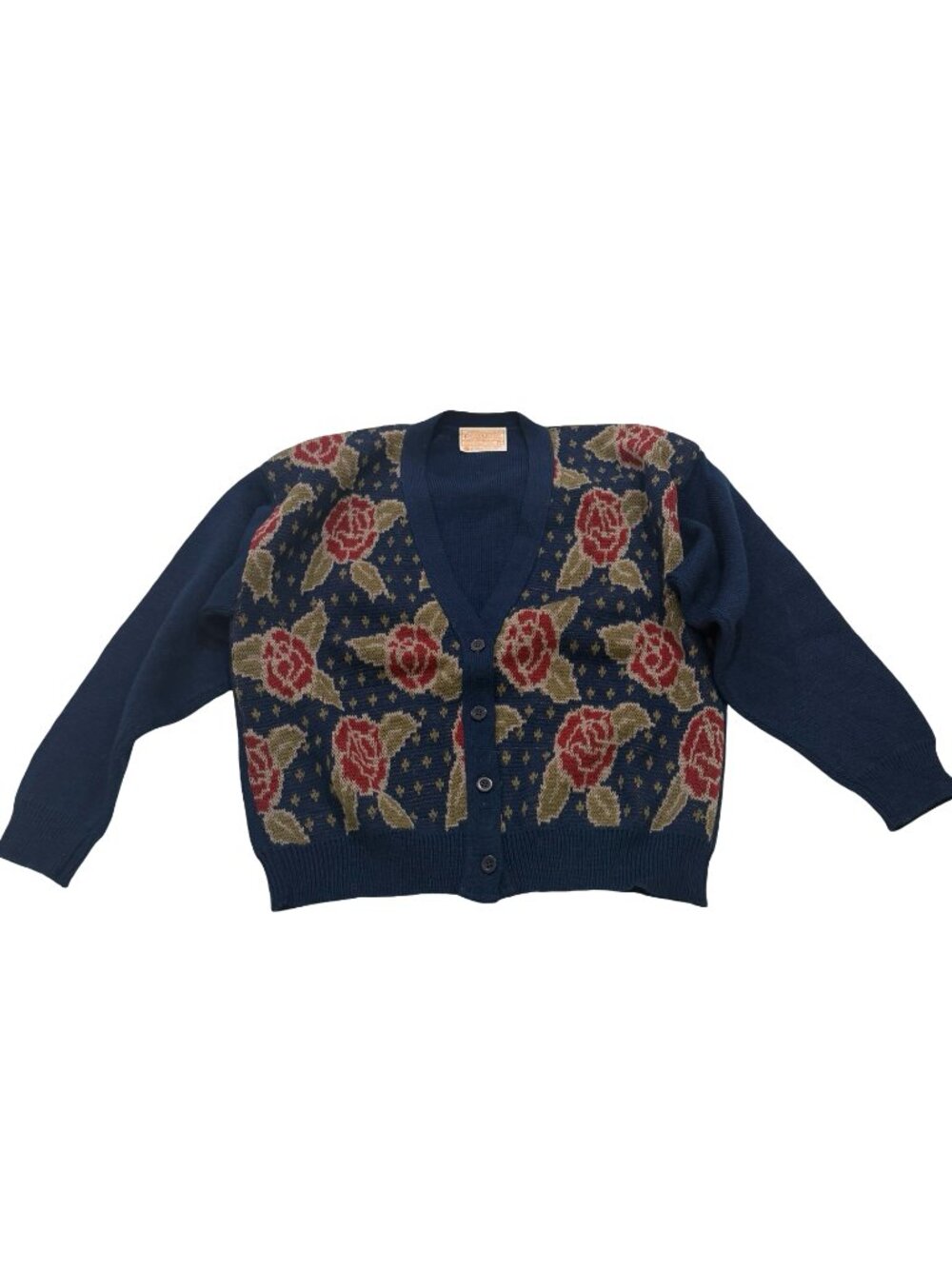 Pendleton Navy Floral Rose Print Cardigan Sweater Wool Knit Button Large Women's